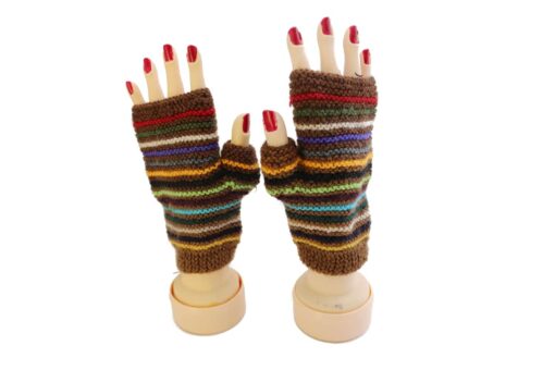 Handgemachte Halb-Handschuhe aus Alpaka, braun gestreift, Peru